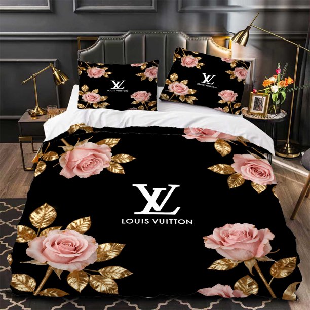 Funda de edredón de 3 piezas con patrón floral de rosas rosadas y hojas doradas, decoración moderna en negro y dorado