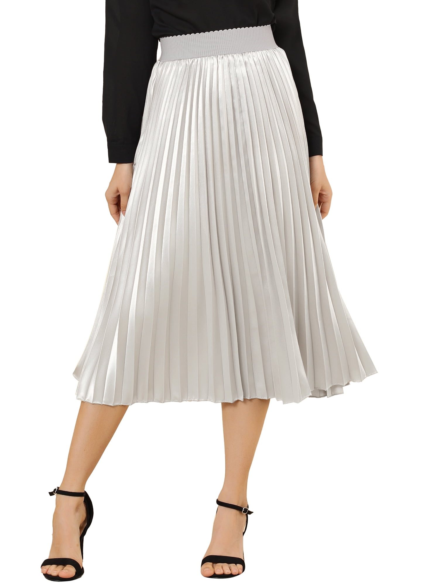 Allegra K Women's Skirt Elastic Waist ALine Accordion Metallic Pleated Midi Skirts