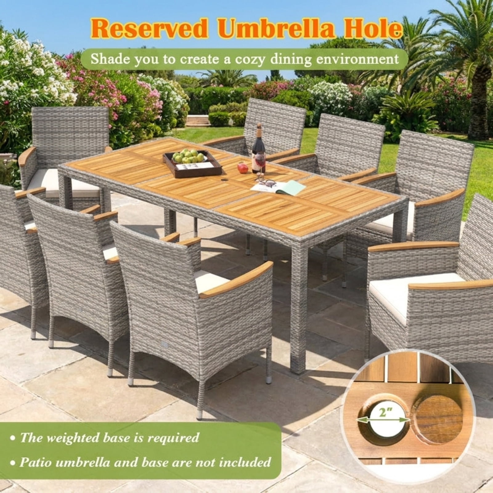 Furnibear 9 Piece Patio Wicker Dining Set Outdoor Conversation Set with Cushioned Chairs and Large Table for Deck Garden, Gray and Off White