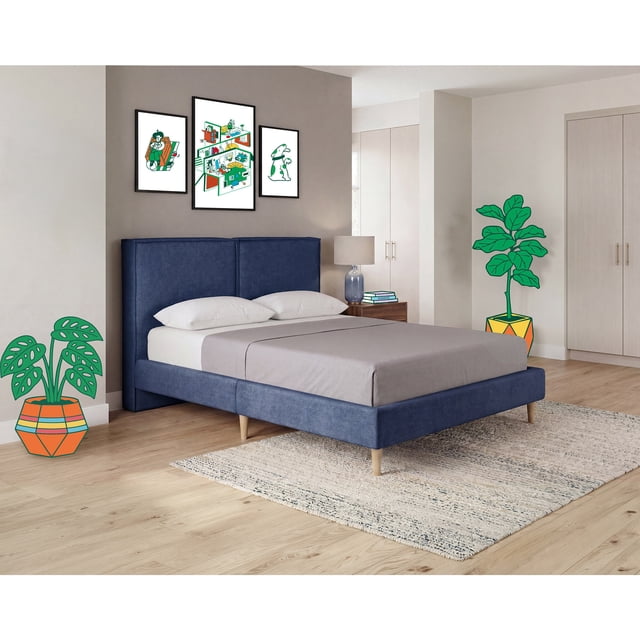 Base de Cama Matrimonial Makora Luma Azul Tapizada en Tela Tipo Lino (No Incluye Colchón)