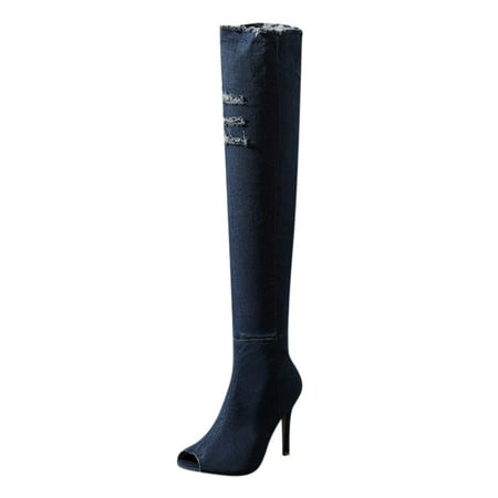 DVKOVI Cowboy Boots for Women Wide Calf Women s Open Toe Shoes Slim High Heel Over Knee High Boots Long Boots Shoes Fall Winter Tall Boots for Women Heel Boots for Women Dark Blue 35
