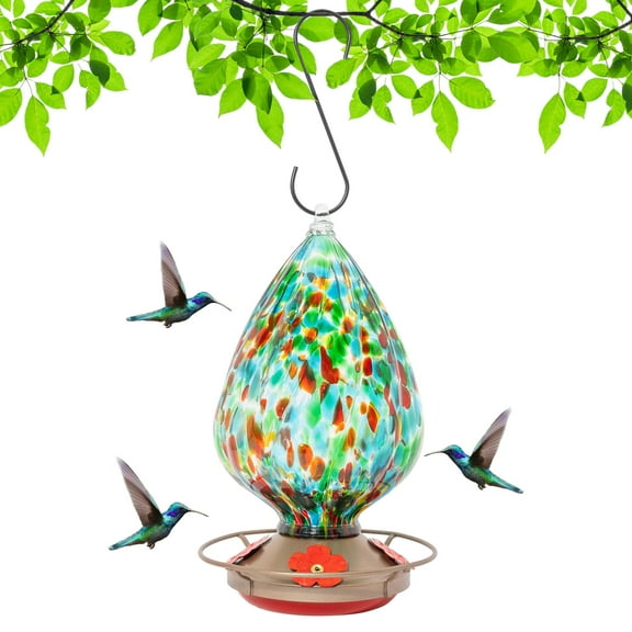 MEKKAPRO Outdoor Hummingbird Feeder Made from Glass, Hanging 4 Nectar Feeding Stations, Backyard Feeder, Waterdrop (Green)
