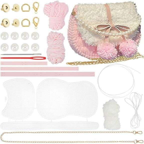 1 Set DIY Knitting Crochet Handbags Kit Plastic Mesh Shoulder Bags Crafting Material for DIY Purse Embroidery Handmade Women's Crochet Cossbody Bag Making Set for DIY Crochet Bag Accessories Pink