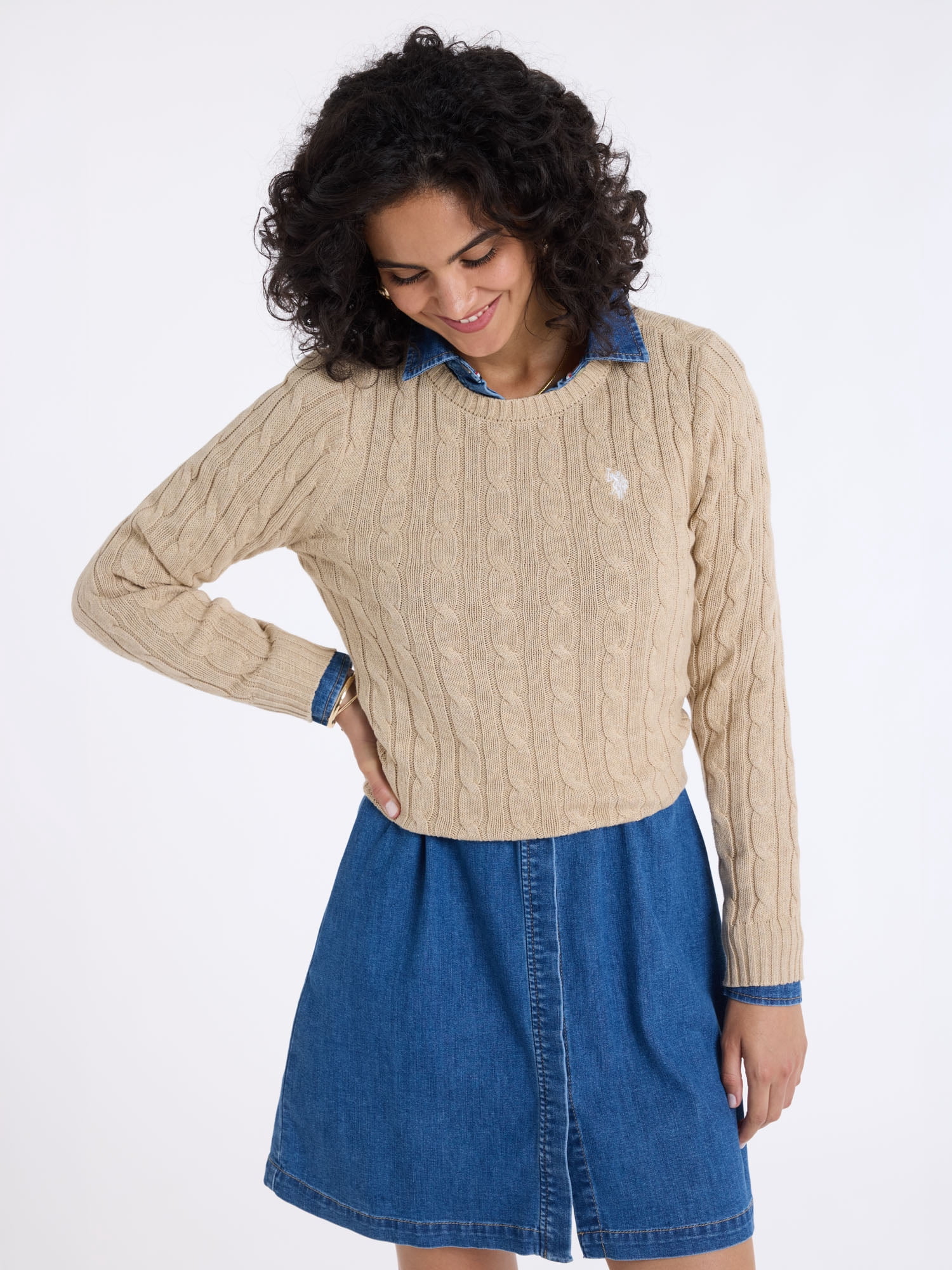 U.S. Polo Assn. Women's Classic Cable Crew Neck Sweater, Sizes XS-XL