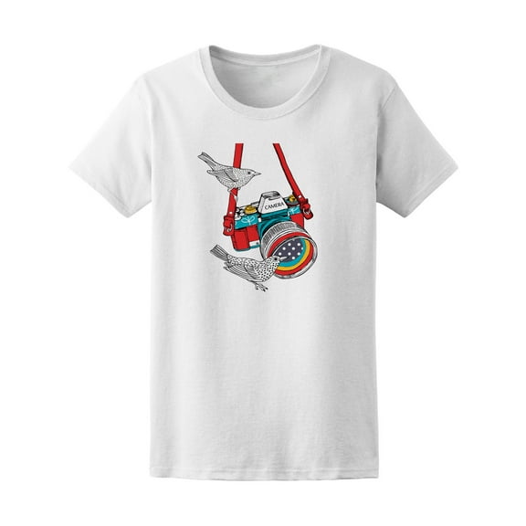 Folk Cartoon Camera With Birds T-Shirt - Image by Shutterstock, Female Small