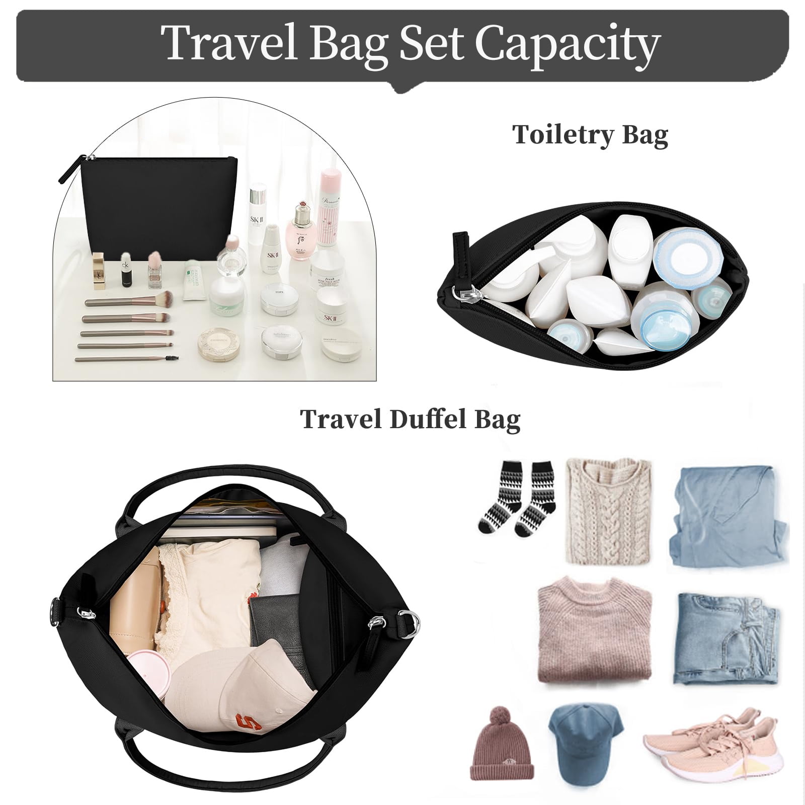DAKIMOE Travel Duffel Bag for Women Gym Bag with USB Charging Port Large Weekender Overnight Bag Yoga Duffle Bags with Wet Pocket and Shoes Compartment, Black