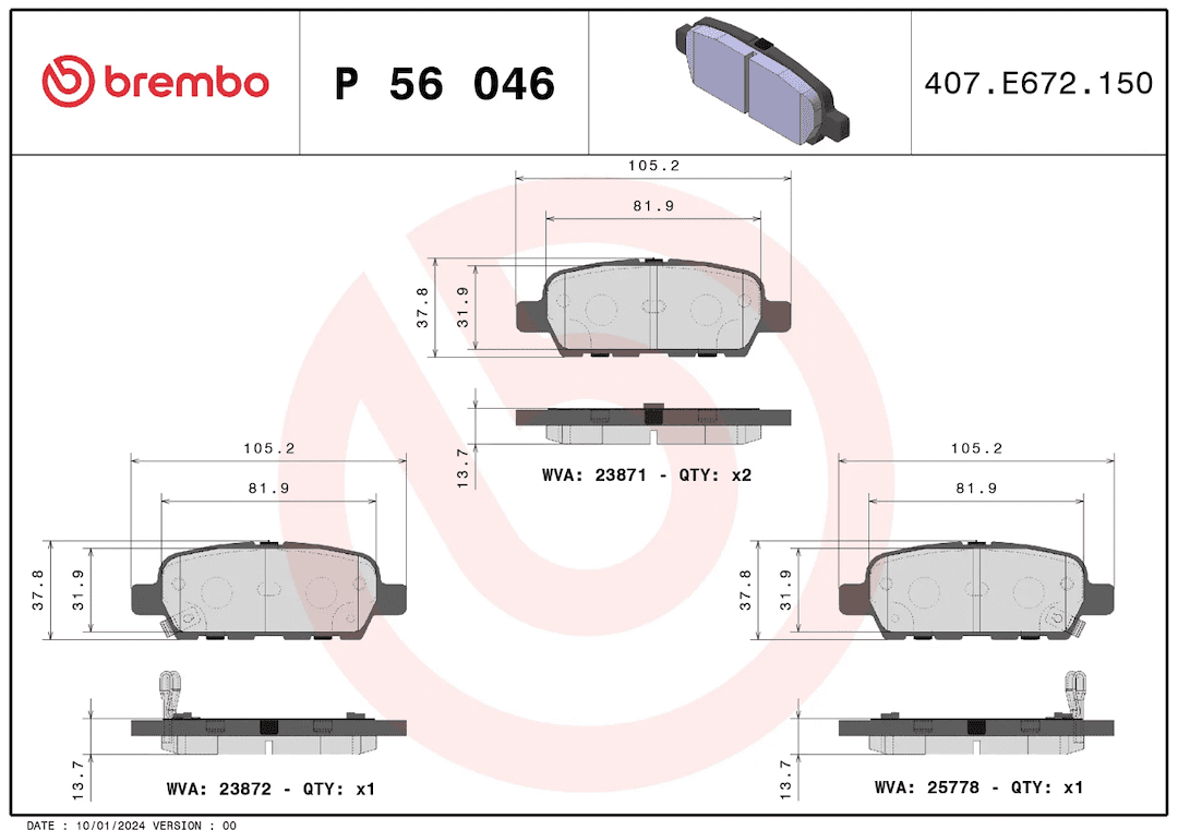 Brembo P56046; Brake Pad; PRIMELINE; FMSI Number D1288-8405/ D1393-8501/ D1626-8842/ D905-7784; Low-Metallic; Set Of 4