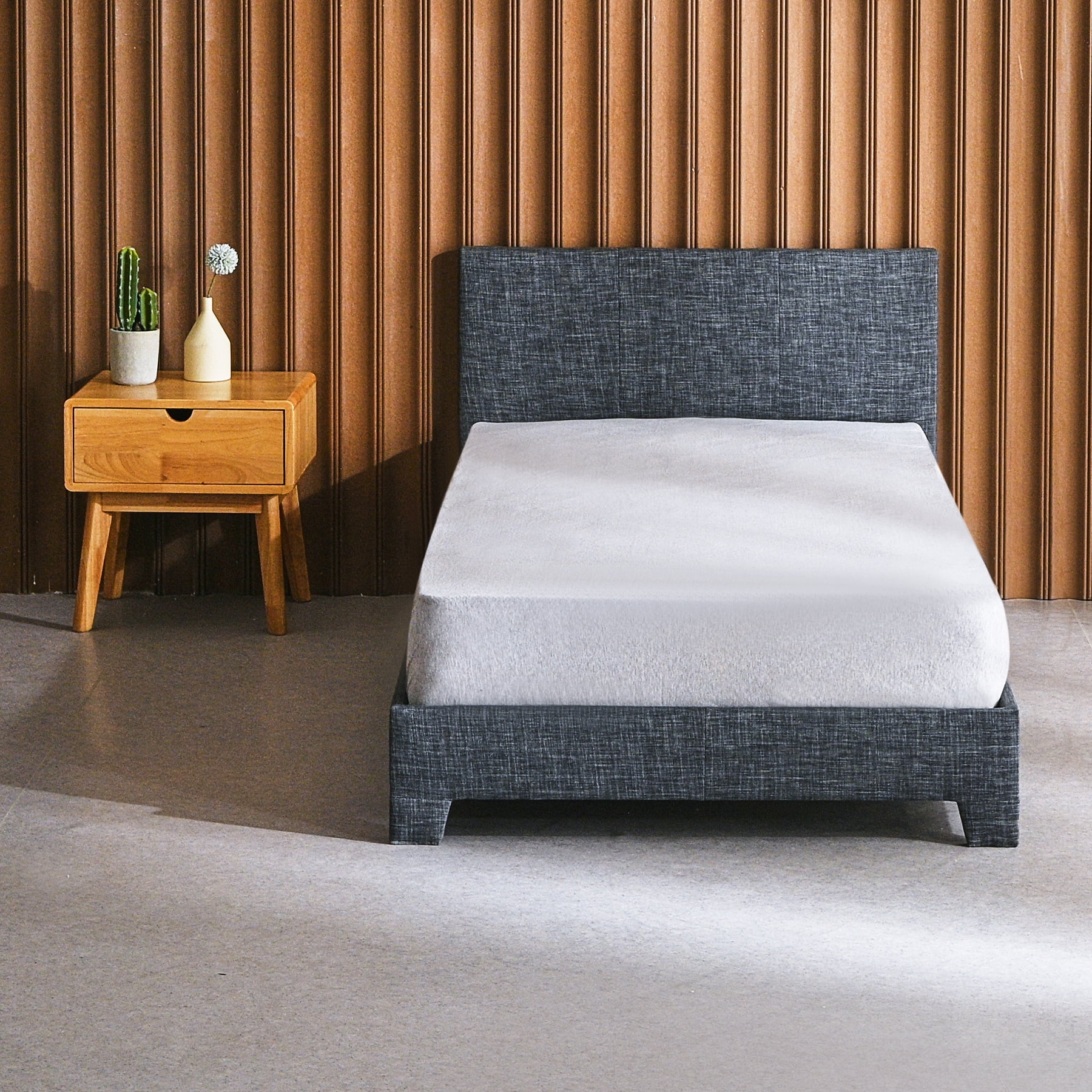 Vonluce Upholstered Platform Bed Frame with Headboard and Slats, Twin Size, Gray