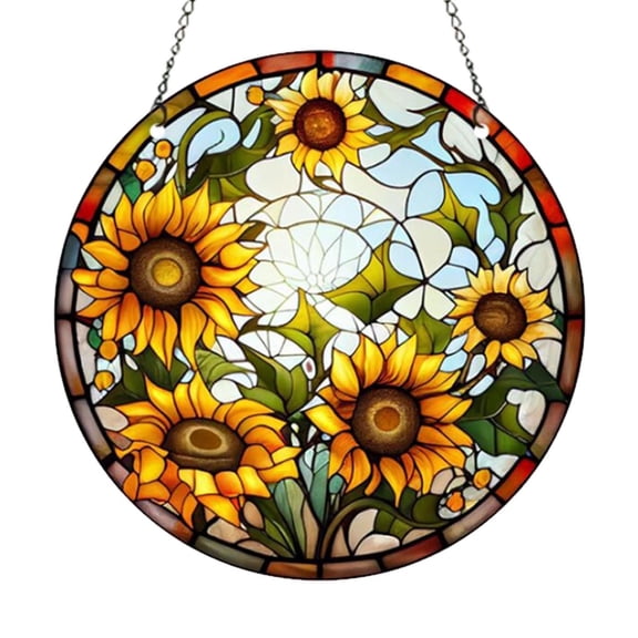 Sunflower Suncatcher Stained Glass Window Hanging Ornaments 5.91” Handmade Sun Catchers Indoor Window Outdoor Garden Wall Art Sun Flower Glass Panel With Hooks Sunflowe