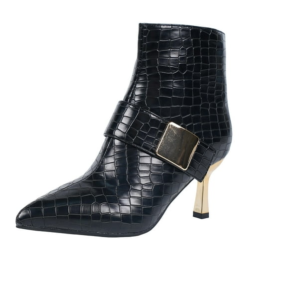 SACFOF Women's Faux Leather Ankle Boots - Fashion Stiletto Heel Short Boots with Metal Buckle Decoration, Edgy Chic Booties for Night Out & Parties