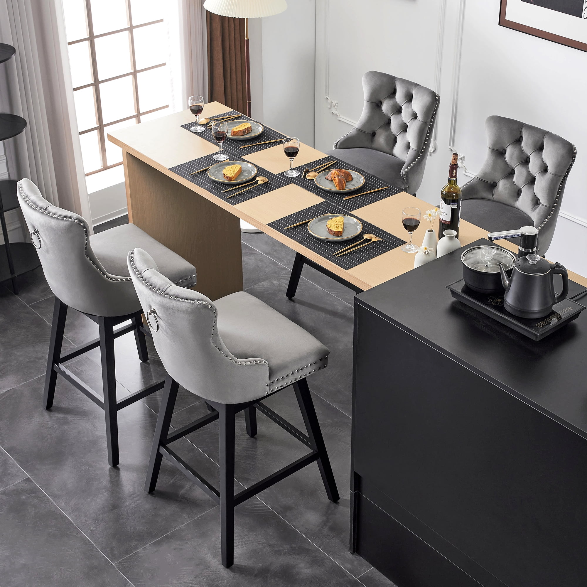 TEWLOSS Swivel Bar Stools Set of 4 - Counter Height, 26" Gray Velvet Barstools for Kitchen Island