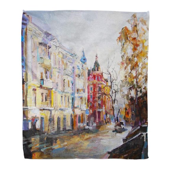 SIDONKU Throw Blanket Warm Cozy Print Flannel City Oil Painting Cityscape Downtown Street Architecture Artist Autumn Brush Comfortable Soft for Bed Sofa and Couch 58x80 Inches