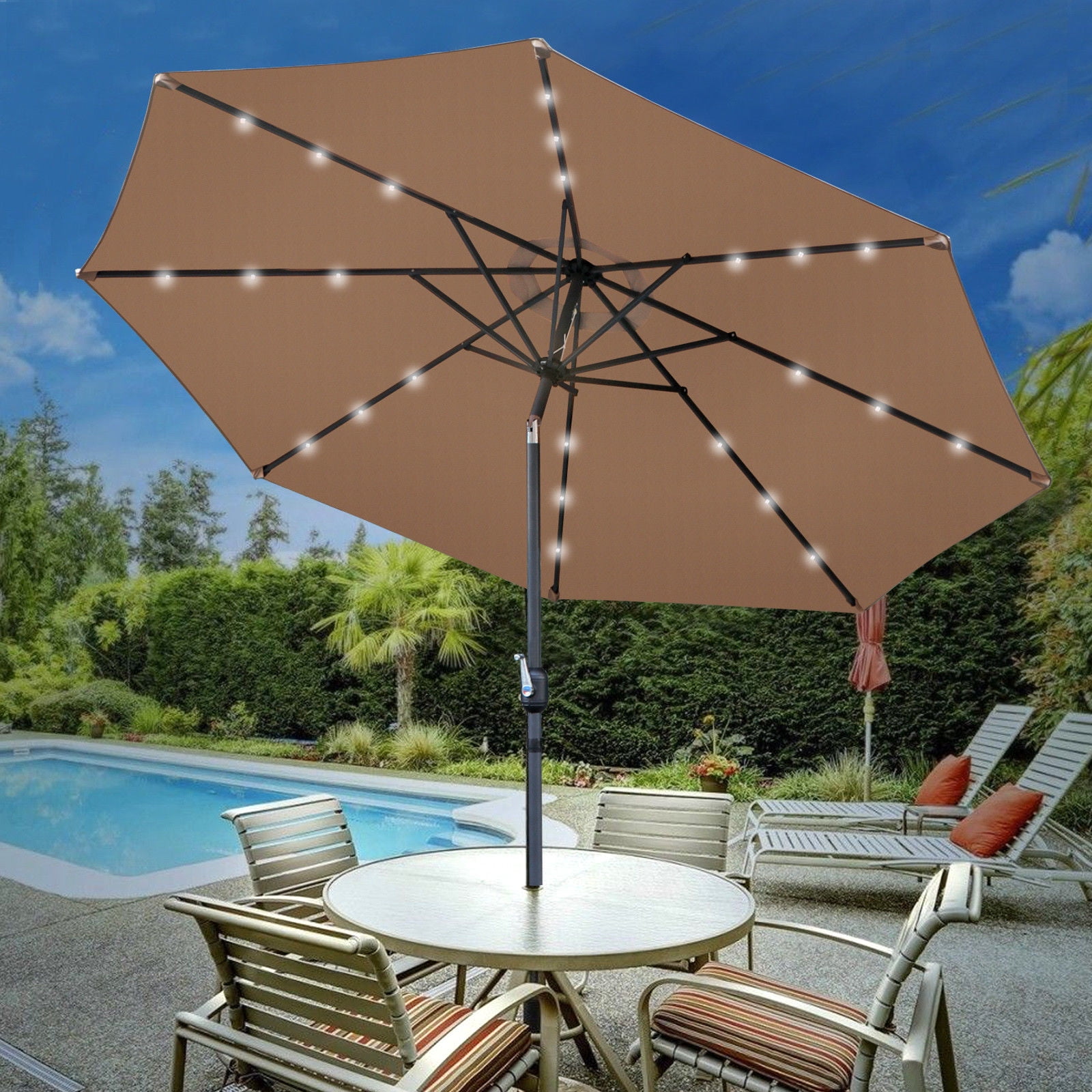 Zeny 10 Ft Patio Umbrella Led Solar Power With Tilt Adjustment And Crank Lift System Perfect For Patio Garden Backyard Deck Poolside And More Solar Led Tan Walmart Com Walmart Com