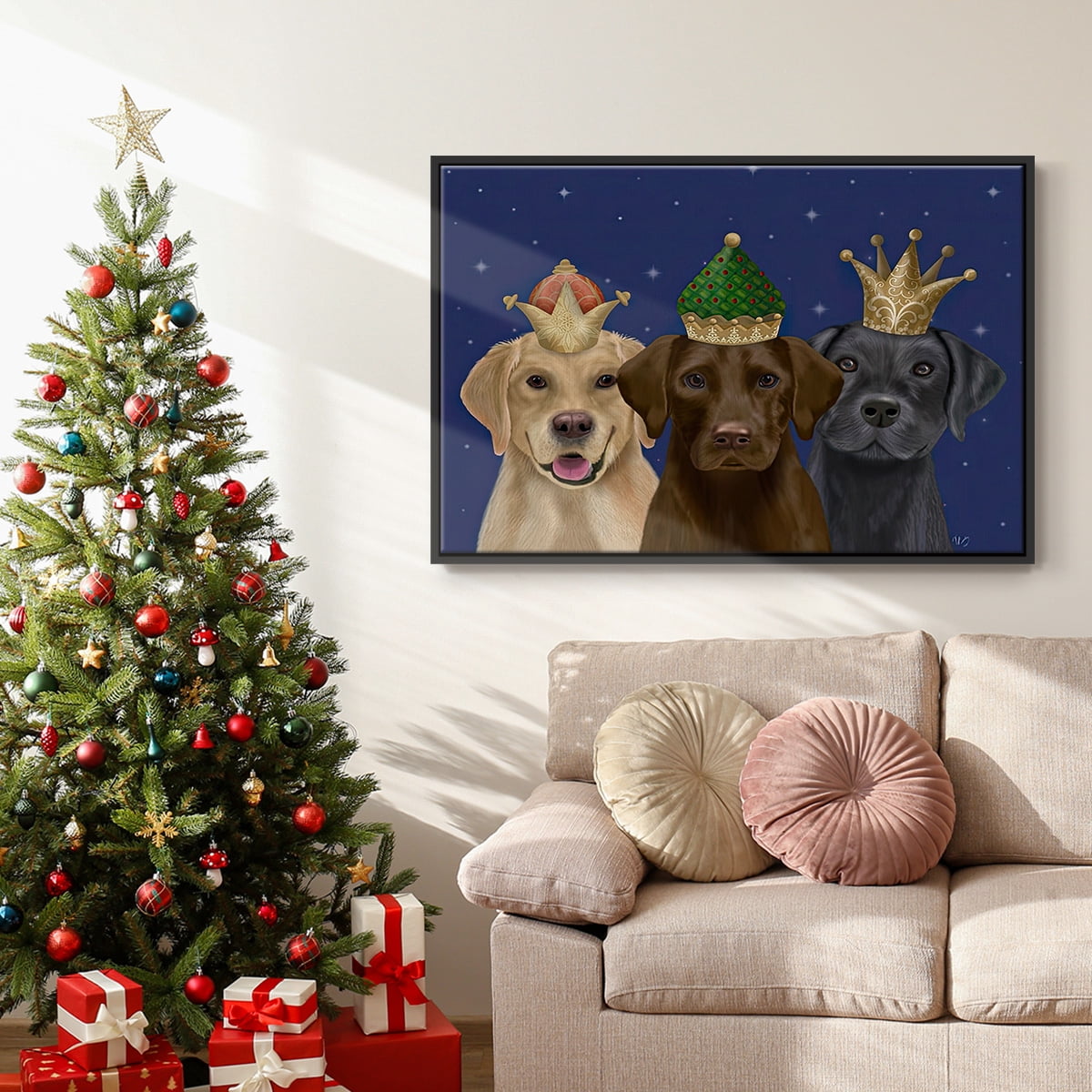 Christmas Labradors, Three Kings - Framed Gallery Wrapped Holiday Canvas - 25 x 37 - Black Frame