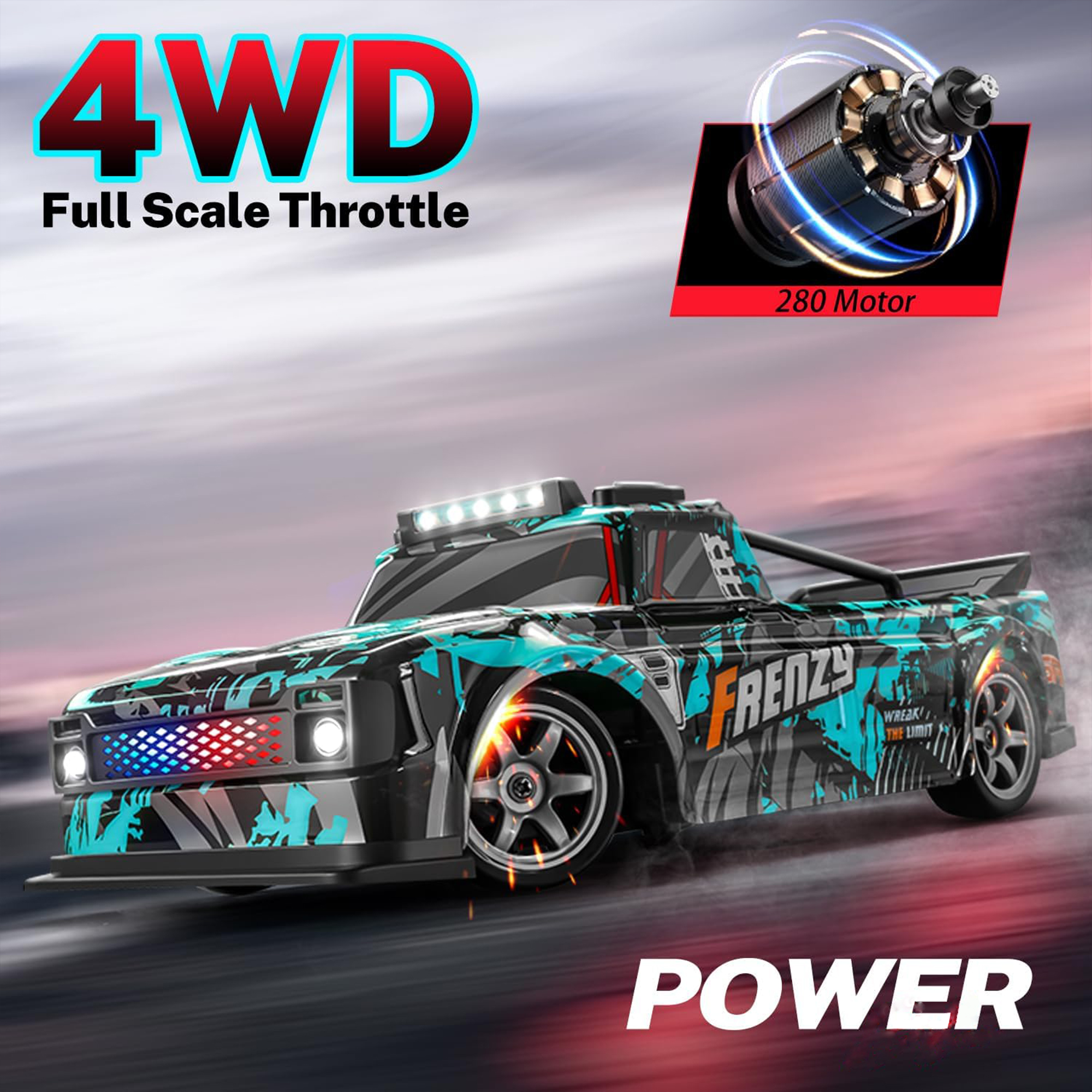 1:16 RC Drift Car, 25KM/H 4WD High Speed Remote Control Cars for Kids, with LED Lights, Two Batteries, Extra Tires, Drift RC Cars for Adults