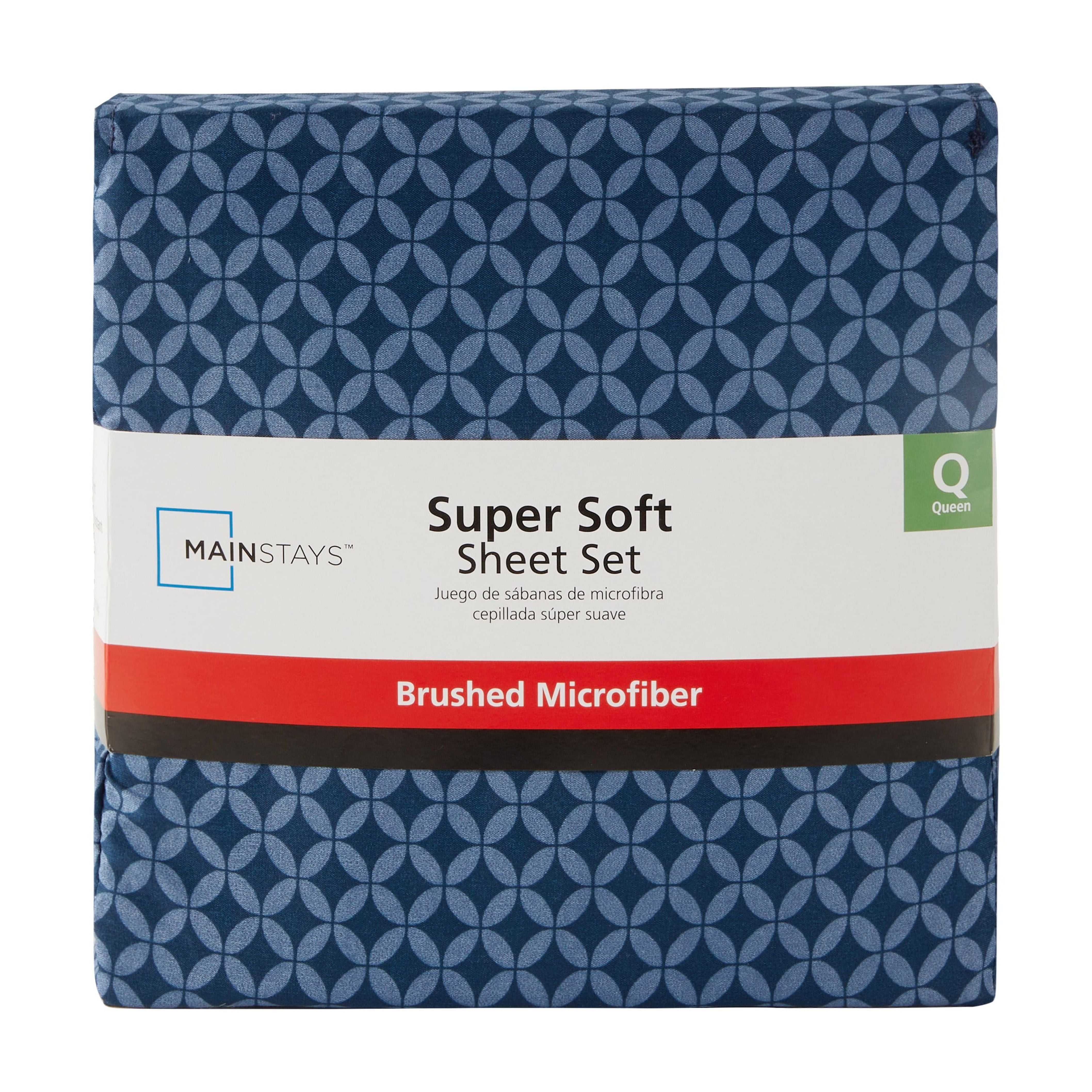 Mainstays Super Soft Brushed Microfiber Bed Sheet Set, Full, Navy Geo, 4 Piece