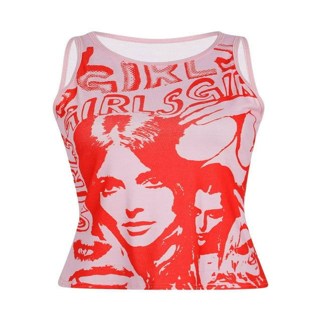 Débardeurs à Col pour Femmes Tendance Portrait Lettre Sans Manches T-Shirts Ajustés
