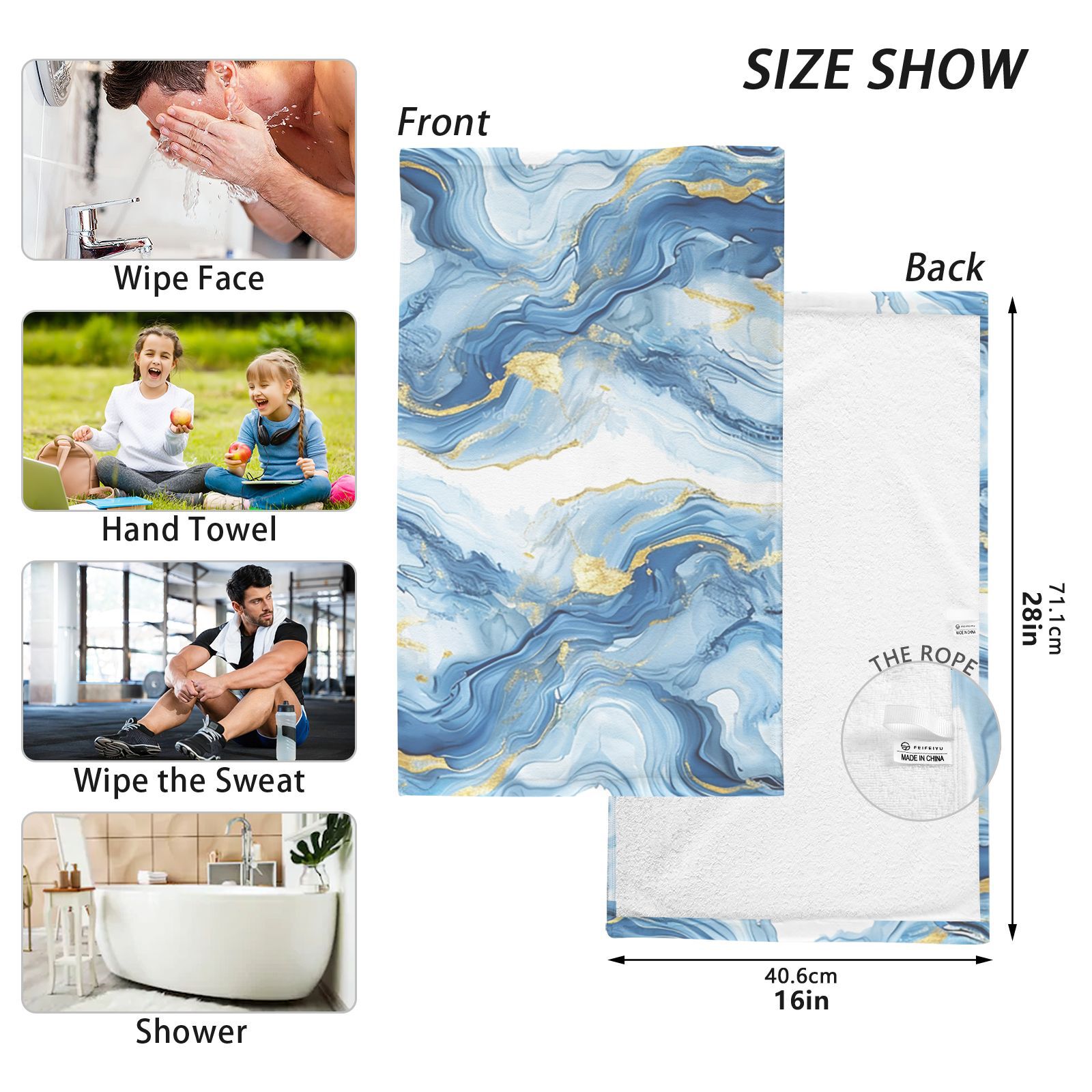 Blue Gold Agate Hand Towel Bath Towels Face Towels Cotton Absorbent for Home Hotel Spa Swimming Yoga Sports Decorative Towel Set of 2