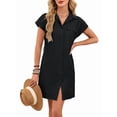 thumbnail image 2 of Women'S Solid Color Casual Button Down Tie Waist Woven Dress Midi Shift Summer Dress Black S, 2 of 9