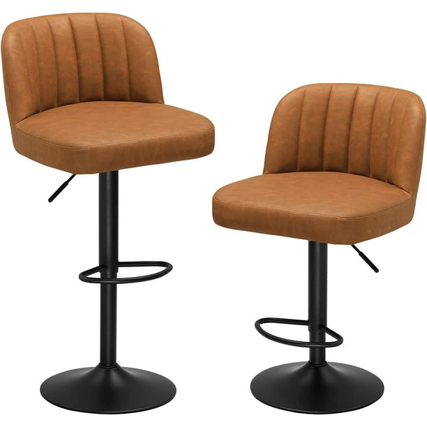 Brown Leather Bar Stools, Swivel Bar Stools Set of 2 Counter Height