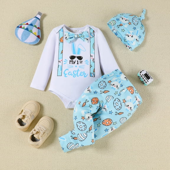 Conairie Newborn Baby Girls Boys Easter Day Clothes Set Short Sleeve Rabbit Romper Long Pants Hat My First Easter Outfits 3PCS Set White 9 M-12 M