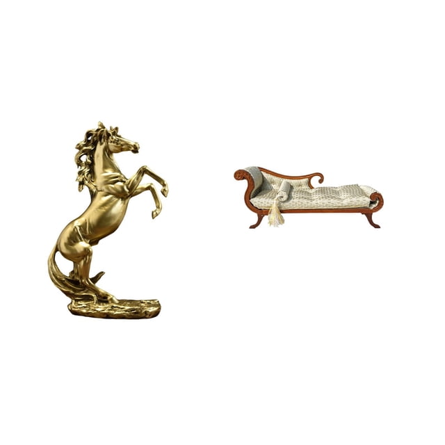 Estatua de caballo, escultura de resina, figura de caballo de pie, sofá en miniatura hecho a mano, banco de madera, muebles para casa de muñecas, adec