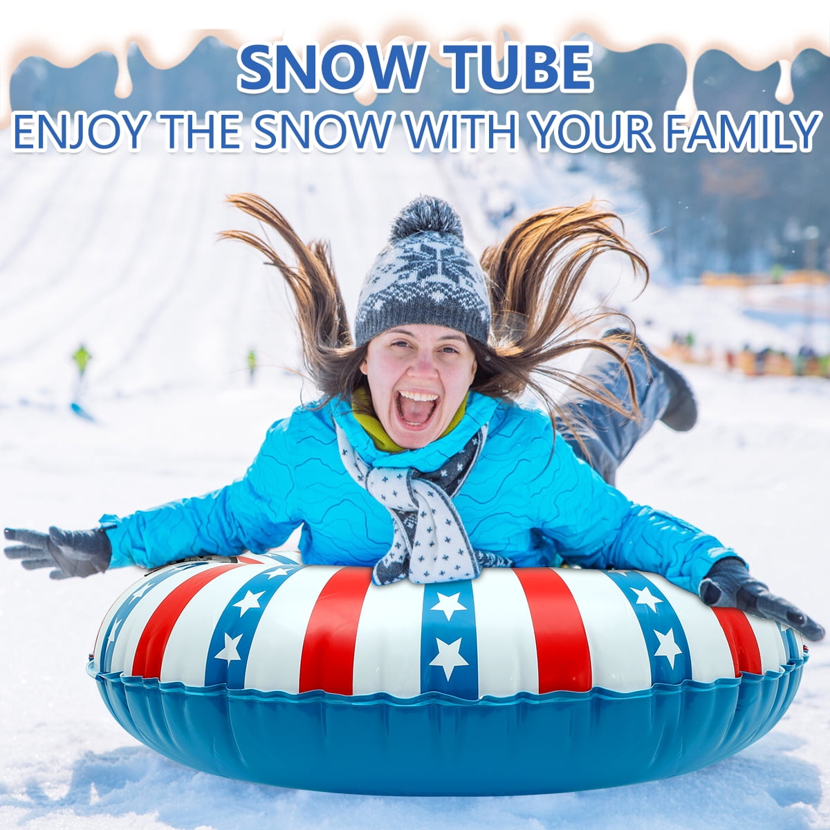 Heavy Duty Ski Snow Tube with Handles and Bottom Inflatable Snow Sled Toboggan for Kids and Adults 43 Inch Thickened Snow Sledding Tube for Outdoor Holidays Winter Snow Tube 
