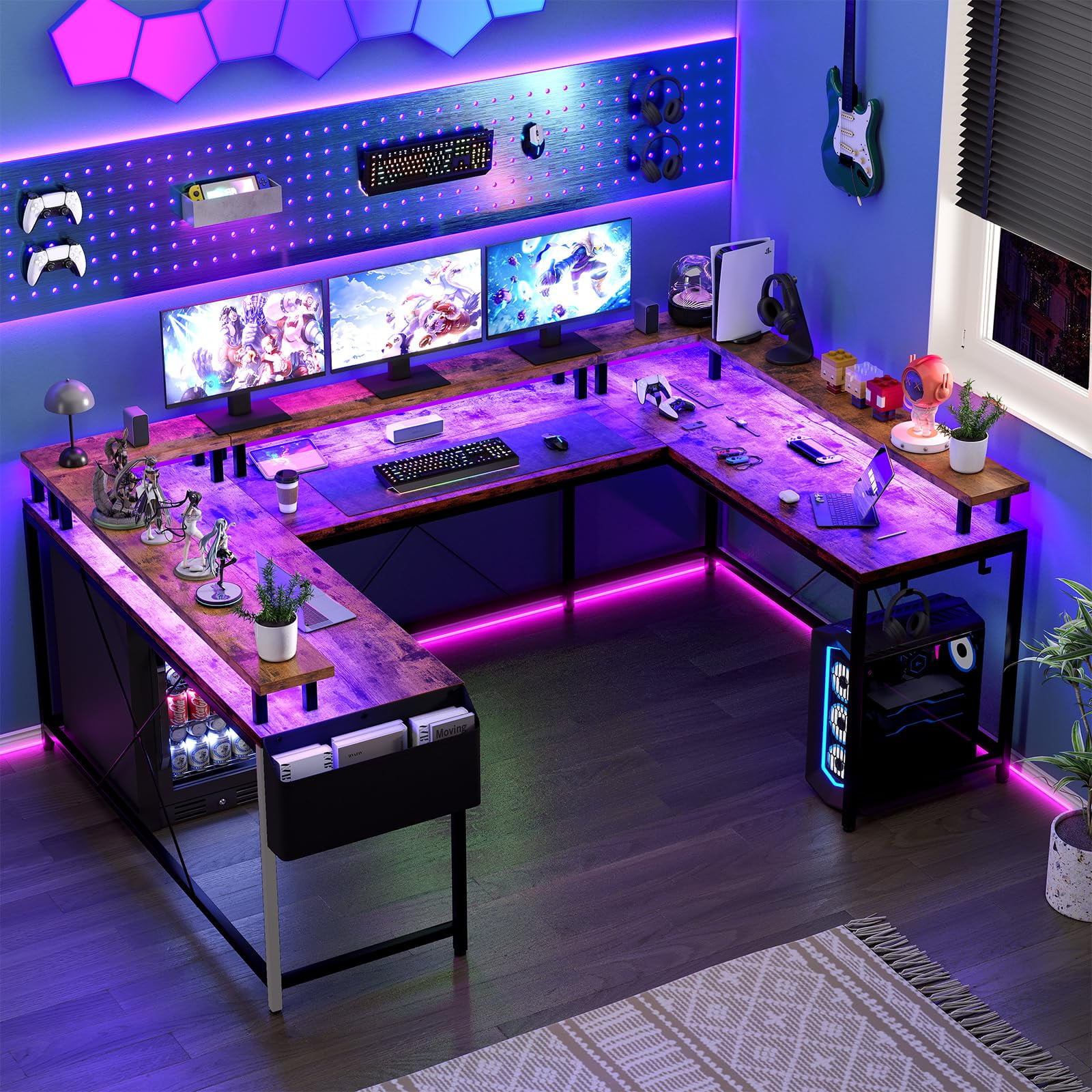 TROPOW U-Shaped Table, Reversible L-Shaped Computer Gaming Table, Large Corner Table with LED Light Strip, Power Outlet, Monitor Stand, Storage Shelf for Home Office - Brown