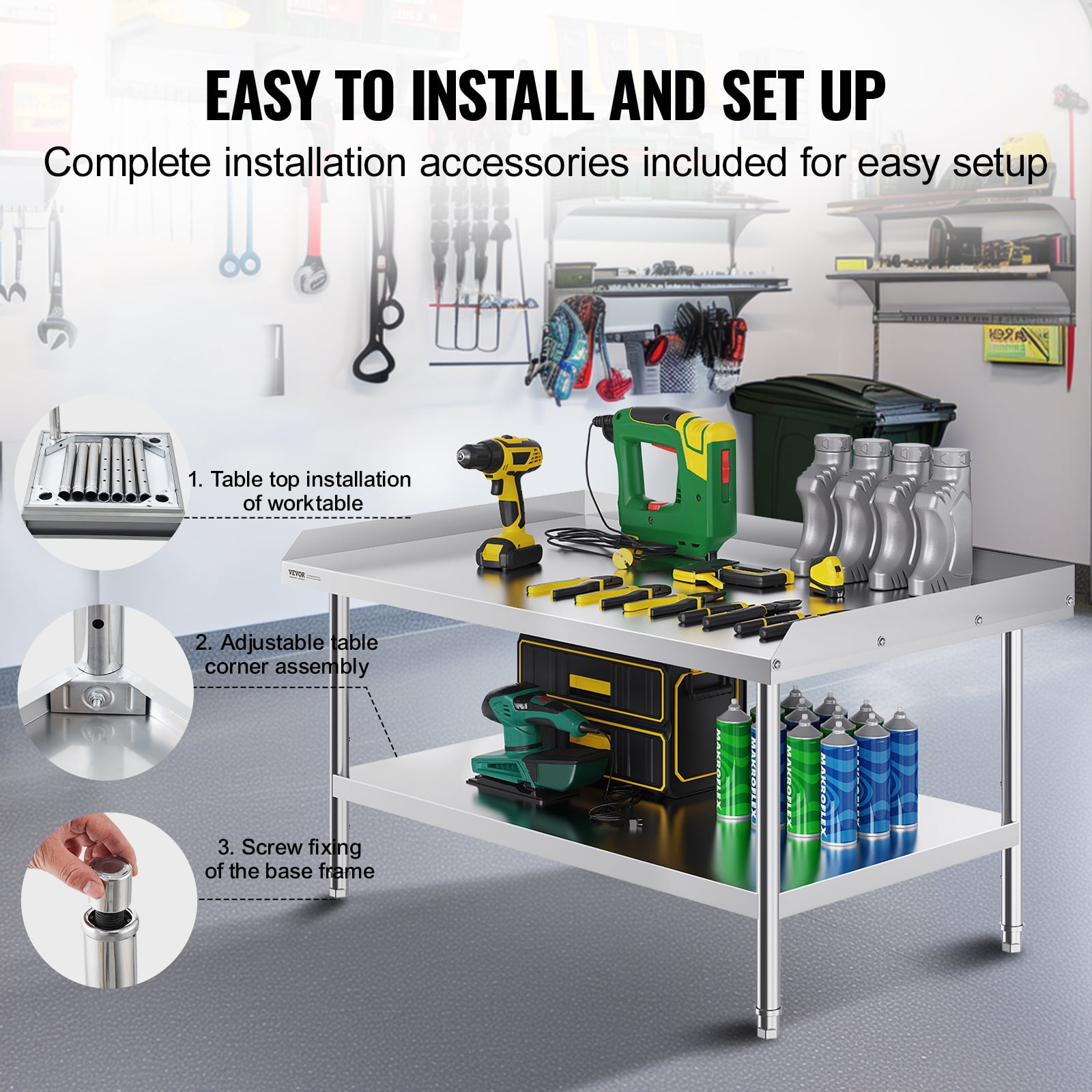 VEVOR Stainless Steel Work Table,30 x 48 x 26 Inch Commercial Food Prep Worktable,3-Sided Backsplash Heavy Duty Prep Worktable,Metal Work Table with Adjustable Height for Restaurant Home Hotel