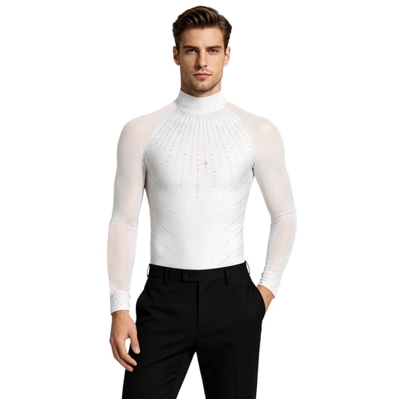 inlzdz Men Figure Skating Bodysuit Long Sleeve Sparkly Rhinestones Dance Shirt One-piece Leotard for Holiday White XL