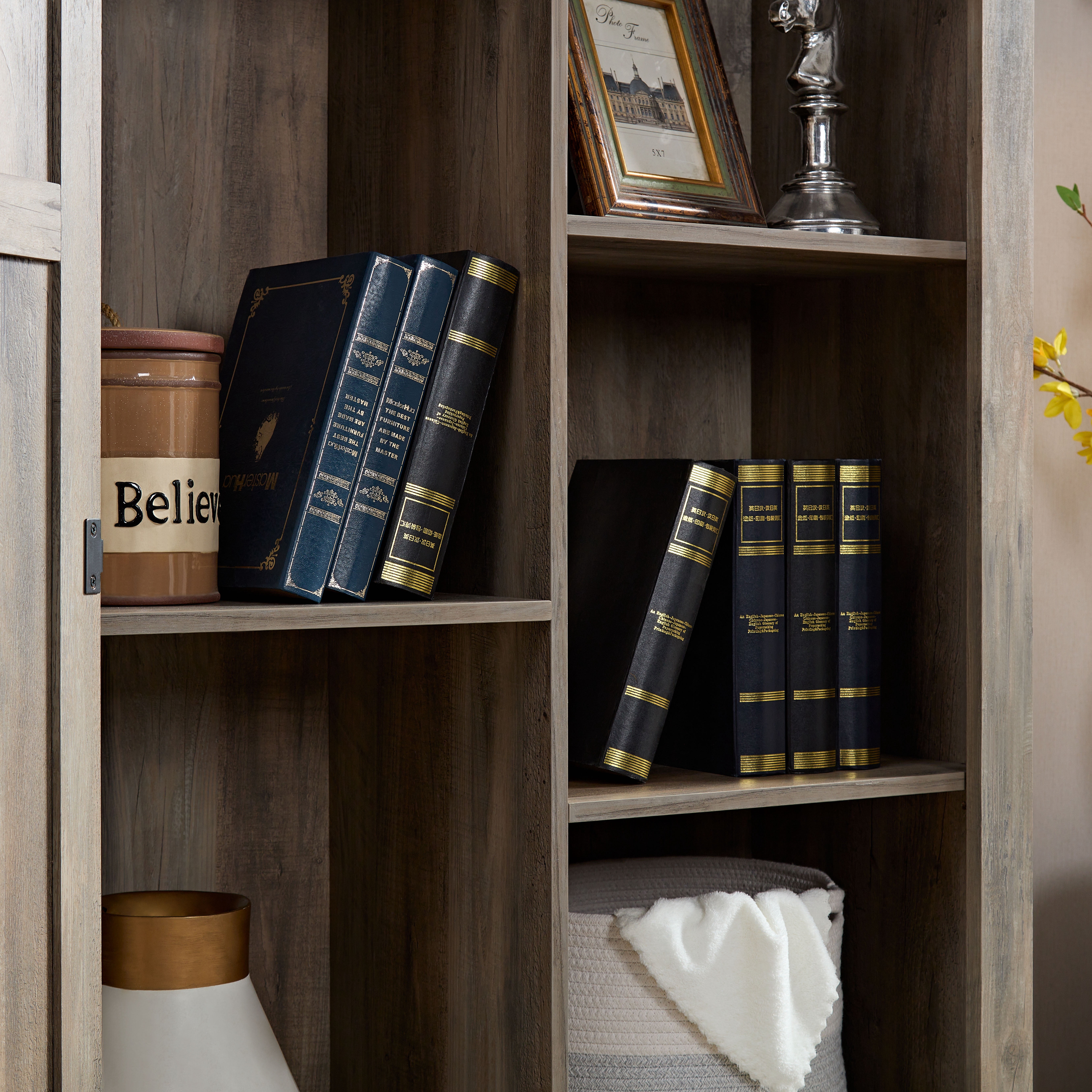 Rustic Farmhouse Tall Storage Cabinet Bookcase with Sliding Barn Door, Adjustable Shelf, Pantry Cupboard Kitchen Organizer Furniture Home Drawer Shelves