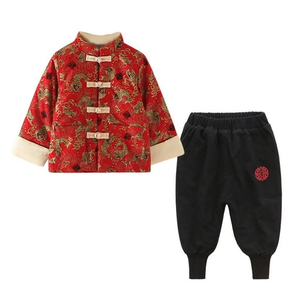 XBASW Baby Toddler Kids Boy Tang Suit Set Tang Coat Pants Winter Warm Fleece Chinese New Year Outfit for 1-8 Years