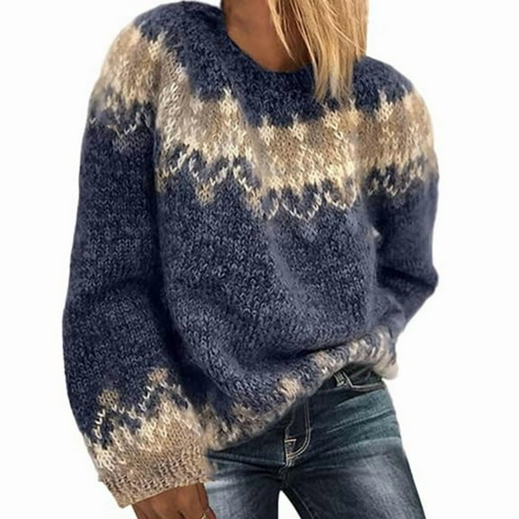 Female'S Fair Sweater Vintage Chunky Crewneck Long Sleeve Knit Pullover Oversized Warm Mohair Sweaters Blue L