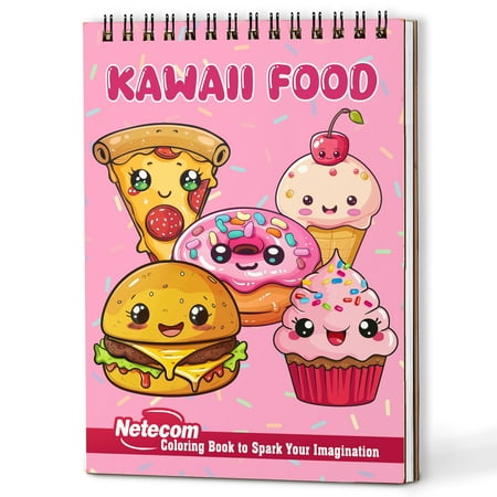 Netecom Kawaii Food Coloring Book Spiral Bound for Adults Wooden Cover 30 Cute Coloring Pages of Yummy Foods for Stress Relief and Relaxation