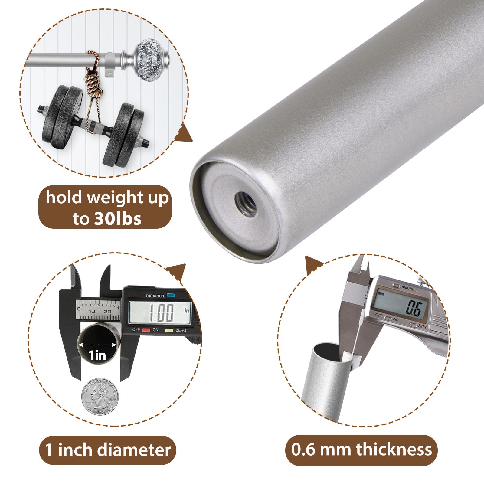 KAMANINA 7/8" Adjustable Single Curtain Rod with Translucent Finial, 28 - 48", Silver