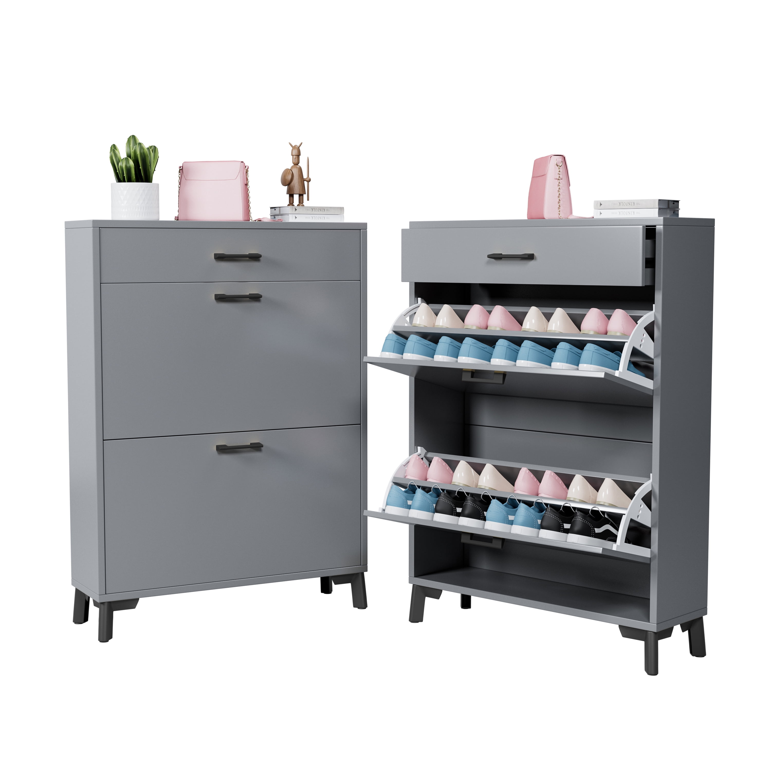 Space Saving Gray Shoe Storage Cabinet with 2 Flip Drawers, Ample Storage, Sturdy MDF & Metal Construction Space Saving, Gray - Easy to Assemble, Shoe Storage Cabinet for Doorway Hallway Entryway