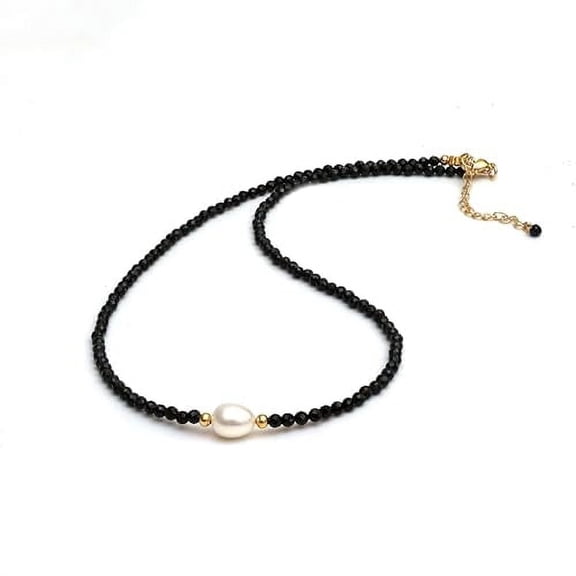 Black Spinel Beads with Freshwater Pearl Beaded Necklace Handmade Gemstone Jewelry Hypoallergenic Gold Plated 18 Inch Adjustable Chain
