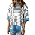 thumbnail image 2 of RXIRUCGD Hauts pour Femmes Décontractés à Col Rond, Manches Mi-Longues, Ourlet à Blocs de Couleur Rayé, Chandail Tendance, Épaules Tombantes, T-Shirts Blouse, Bleu, Taille : M, 2 of 6