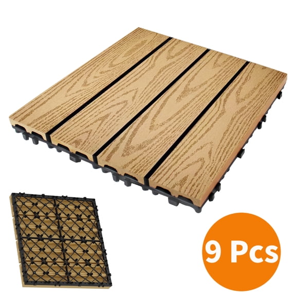 EuKer Interlocking Deck Tiles, 9-Pack Waterproof Wood-Grain Tiles for Indoor & Outdoor, Teak