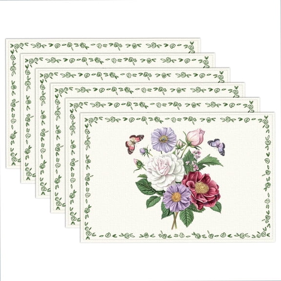 Spring Floral Butterfly Placemats Set of 6 Wildflowers Floral Cloth Table Place Mats Non-Slip Linen Washable Table Mats Heat Resistant Placemats for Kitchen Dining Tables Party Wedding Decor