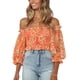 thumbnail image 1 of Blusa con hombros descubiertos para mujer, estampado floral, media manga, pecho fruncido, camisa corta ajustada a la moda con hombros descubiertos, Top naranja L, 1 of 7