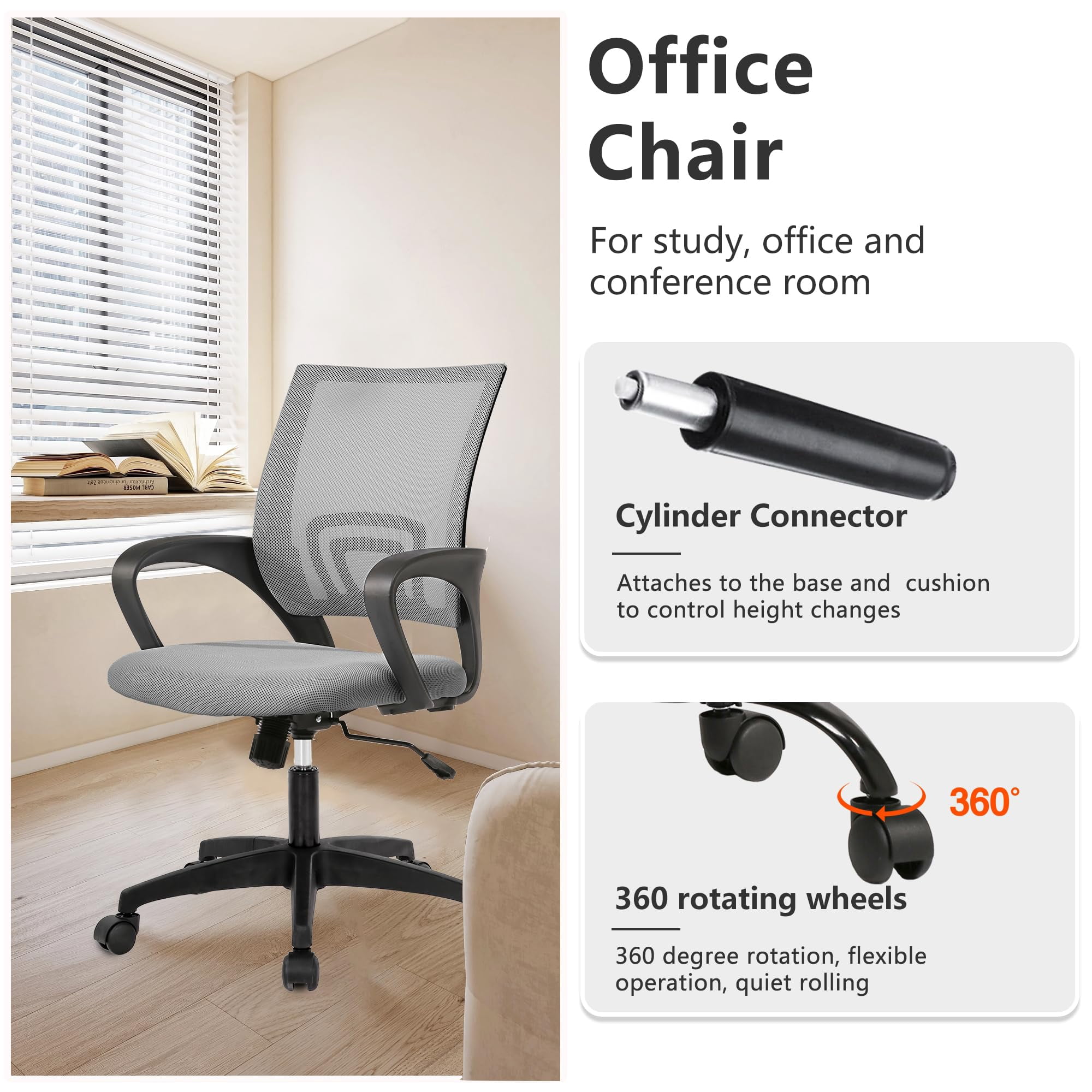 YRLLENSDAN Conference Room Chair Mesh Office Chair with Wheels Rolling Desk Chair with Arms Mesh Computer Chair for 250lb Adults Study Chair Adjustable Height,Gray