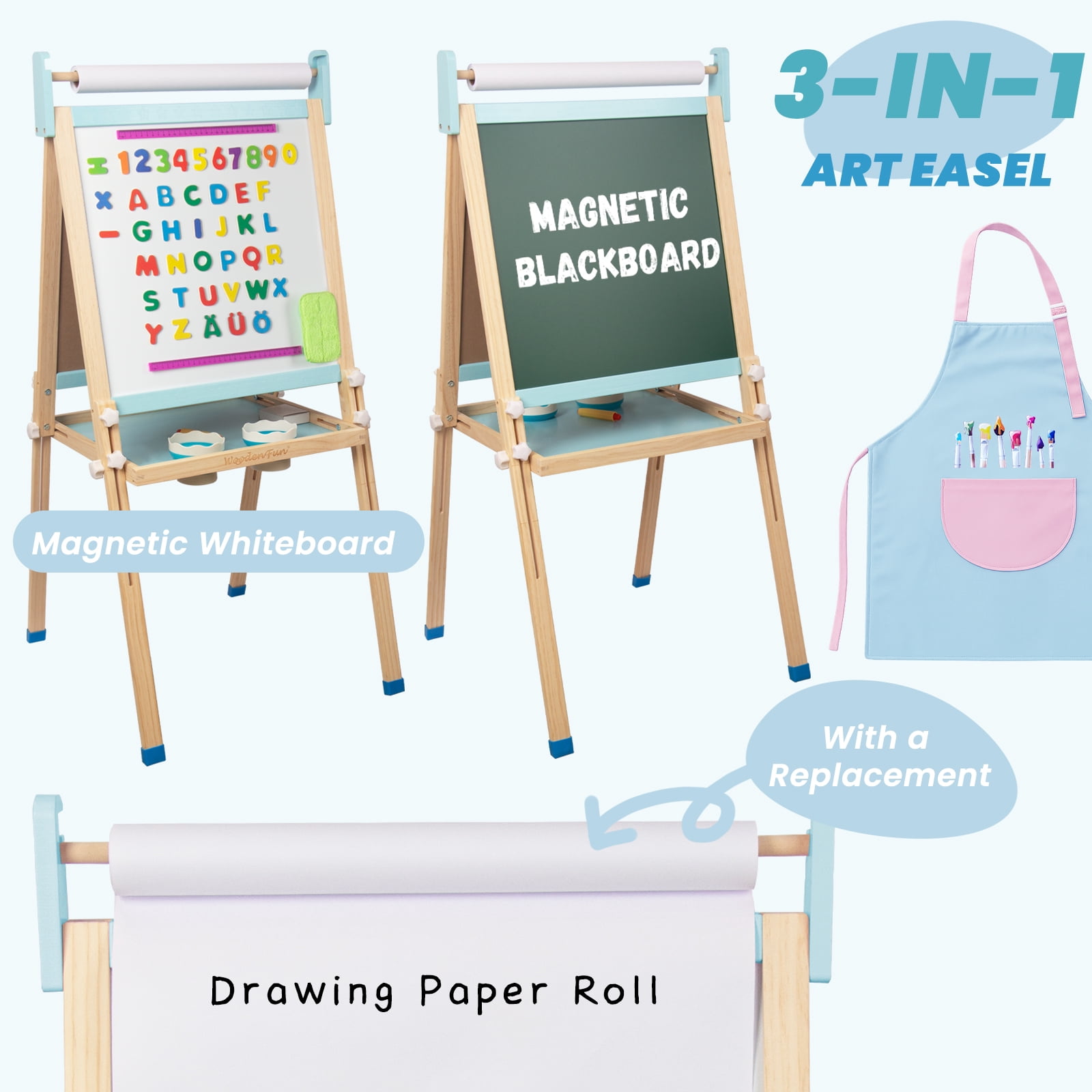 Kids Wooden Easel with Paper Roll, Adjustable Magnetic Double Sided Drawing Board Whiteboard & Chalkboard Dry Easel Board, Children Art Easel for 3-12 Years Kids Boys Girls Painting Drawing