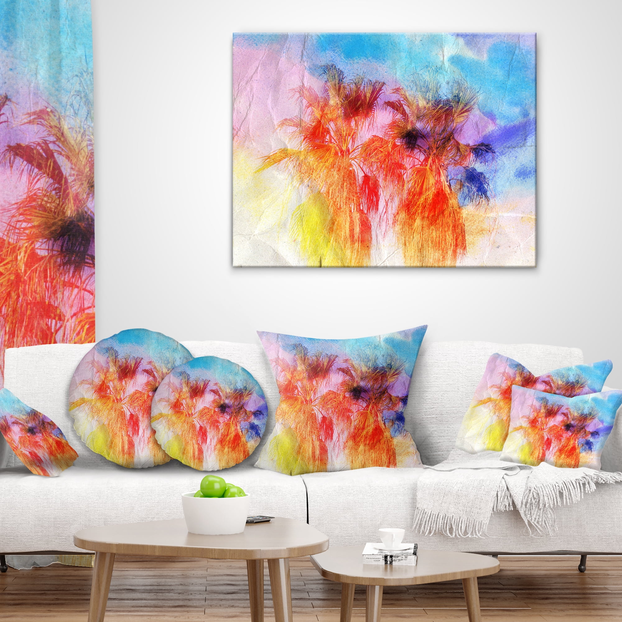 Designart Colorful Retro Palm Trees - Landscape Painting Throw Pillow - 18x18