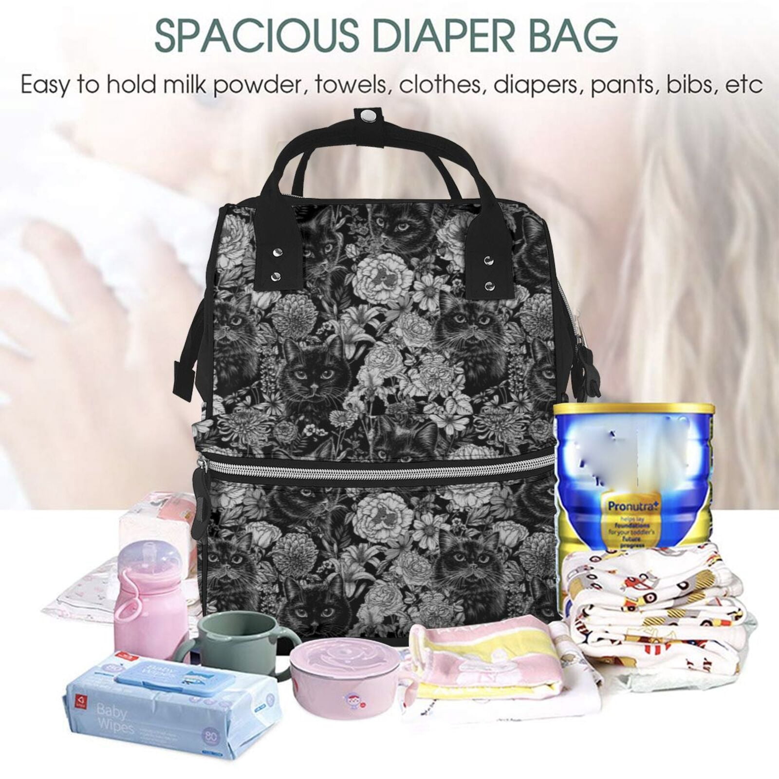 Ratiio Black Cats In A Garden Mummy Backpack - Waterproof Twill Canvas, Large Capacity Diaper Bag with Multiple Pockets and Adjustable Straps