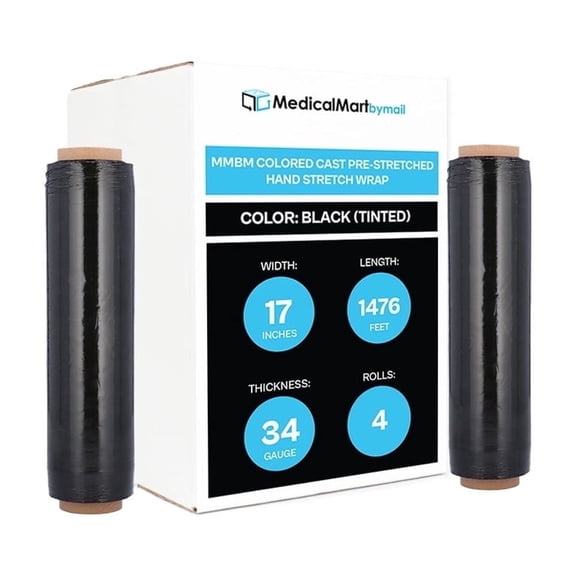 MMBM 17" x 1476' Pre-Stretched Hand Wrap 4 Rolls, 34 Gauge Tinted Black Film for Moving & Packing Pallets