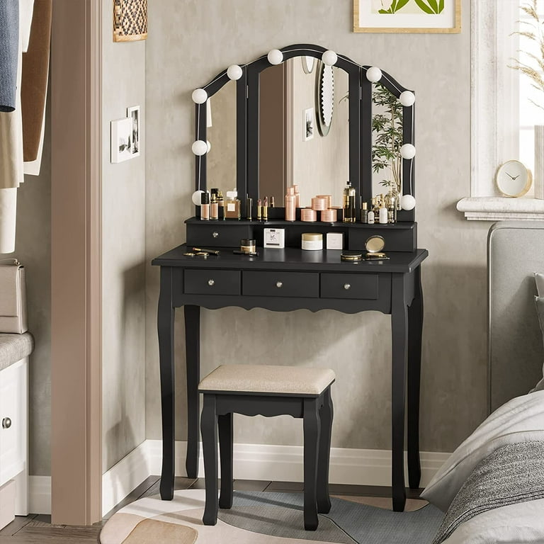 system position sand Tiptiper Makeup Vanity Table Desk Set with Lighted Tri-Fold Mirror and  Stool for Bedroom,Black - Walmart.com