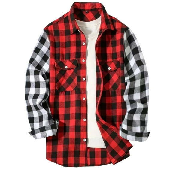 HAiming Men's Plaid Shirts Color Block Lapel Button down Long Sleeved Tops Plus Size Casual Loose Blouse with Pockets
