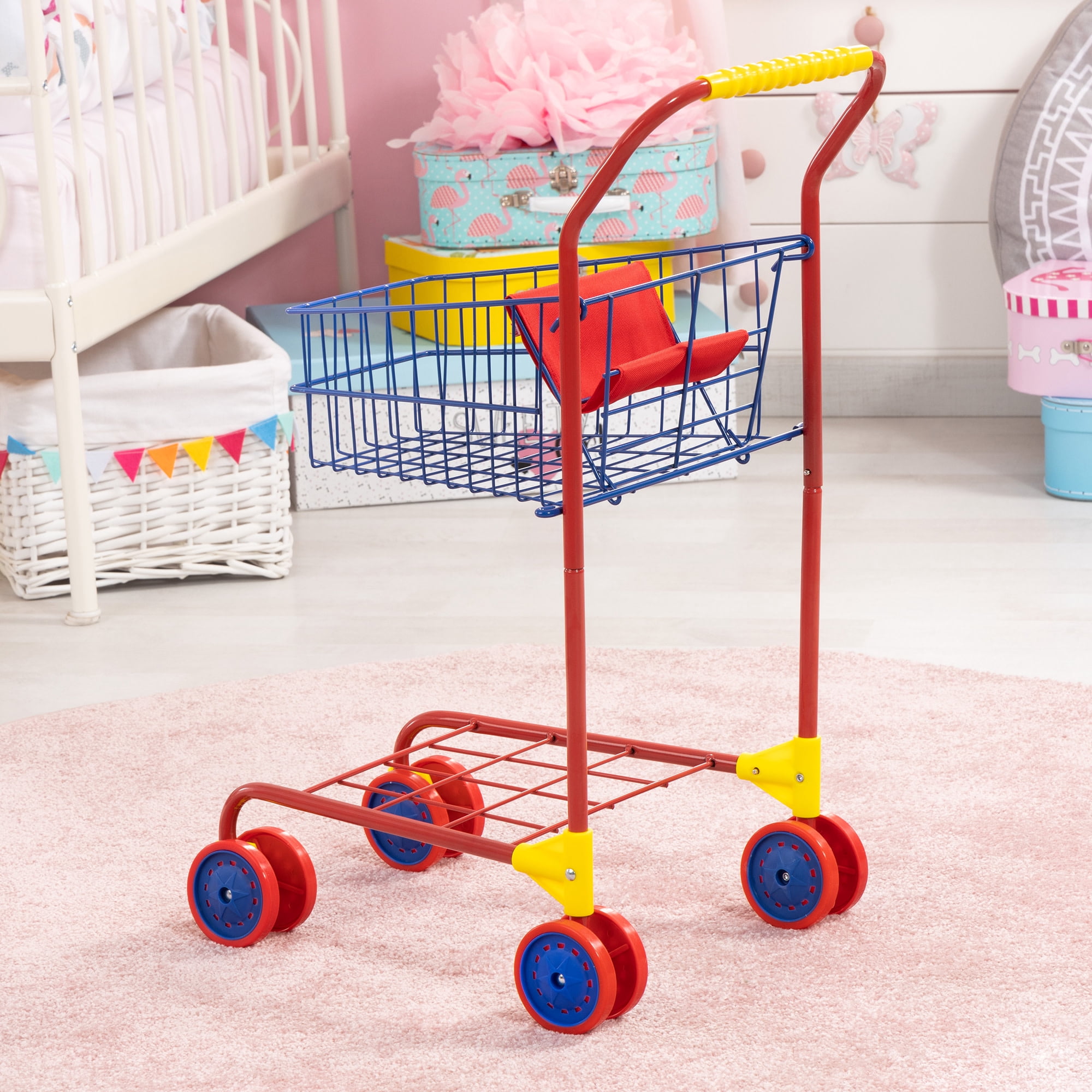 Bayer Design: Shopping Cart - Red & Blue - Grocery Pretend Play Toy, Spacious Basket Holds Toys & Dolls, Lightweight, Dual Wheels, Toddler-Kids 18mo+