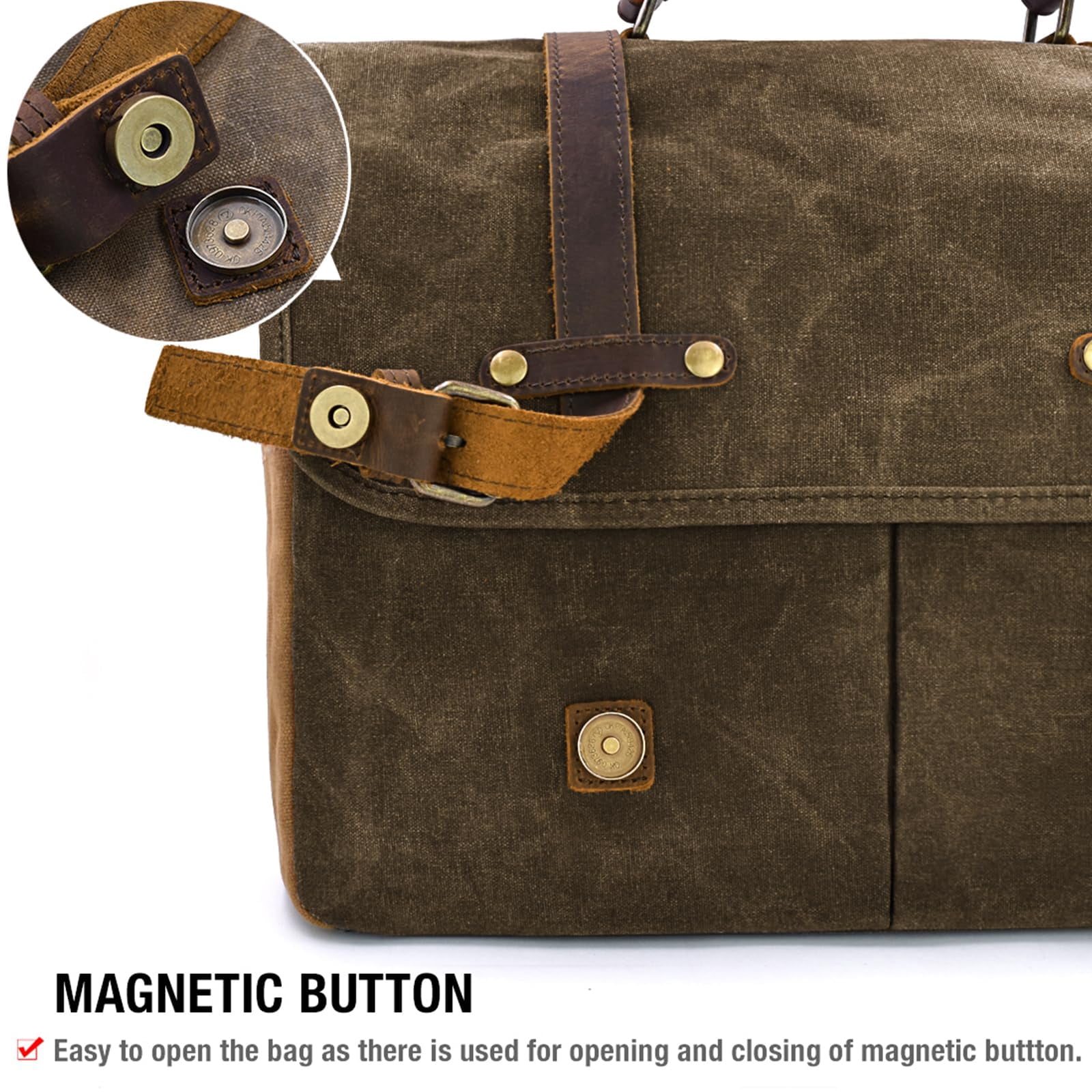 Mens Messenger Bag 15.6 Inch Waterproof Vintage Genuine Leather Waxed Canvas Briefcase Large Leather Computer Laptop Bag Rugged Satchel Shoulder Bag,Coffee